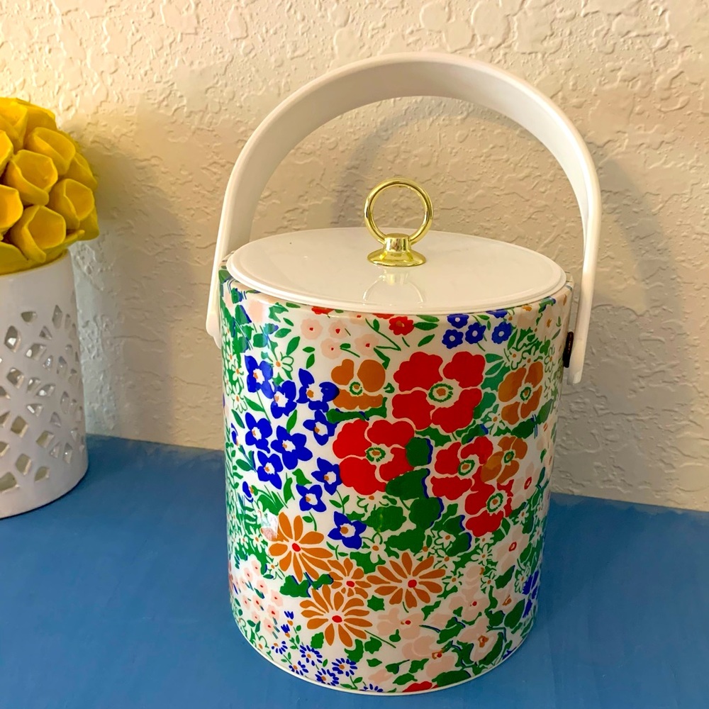 Vintage Multicolor Floral Ice Bucket with Gold Handle